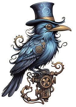 Tattoo template of a steampunk raven with gears and a top hat