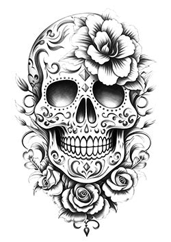 Tattoo template of a skull with floral decorations