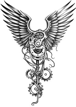 Tattoo template of a hybrid of mechanical gears and wings symbolizing the blend of technology and freedom