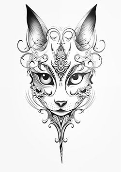 Tattoo template of a cat face with intricate ornamental patterns