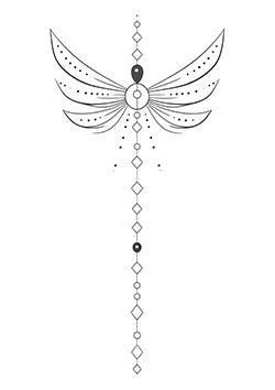 Tattoo template of a celestial-themed symmetrical design with abstract wings and geometric elements