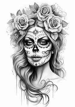 Tattoo template of a La Catrina figure adorned with floral designs and flowing hair, symbolizing reverence and beauty.