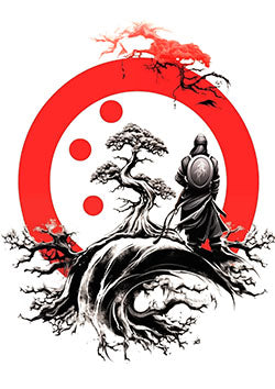 Tattoo template of a samurai beneath a bonsai tree