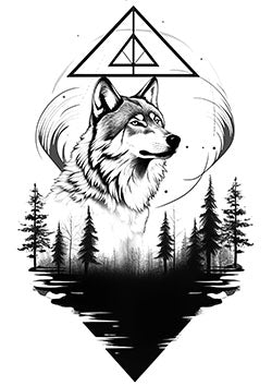 Tattoo template of a wolf with geometric and forest elements