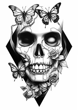 Tattoo template of a skull with roses and butterflies