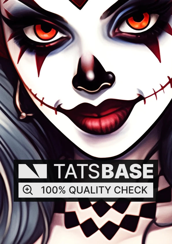 Tattoo template of a gothic female figure with heart-themed face paint and intense red eyes