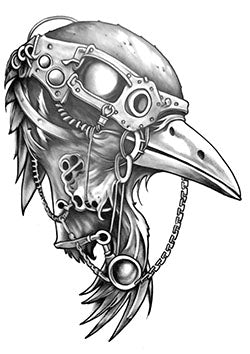 Tattoo template of a mechanical crow head with gears and chains