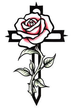 Tattoo template of a red rose intertwined with a black cross symbolizing love and faith.