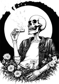 Tattoo template of a skeleton smoking with a serene expression, wrapped in daisies and framed by a dark crescent moon.