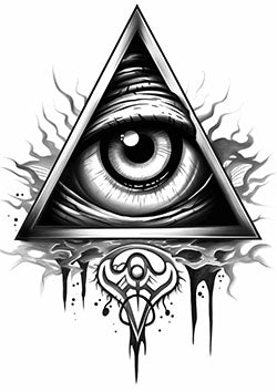 Tattoo template of a striking eye design within a triangle, radiating energy and surrounded by intricate details