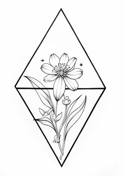 Tattoo template of a blooming flower within a geometric diamond frame