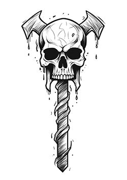 Tattoo template of a menacing skull with horns on a twisted spear, dripping essence