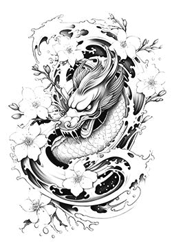 Tattoo template of a koi fish with sakura blossoms