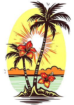 Tattoo template of a tropical sunset with palm trees and hibiscus flowers for a serene beach atmosphere