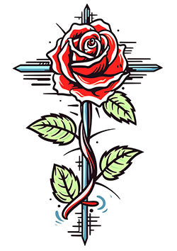 Tattoo template of a dagger entwined with a red rose, conveying beauty and danger