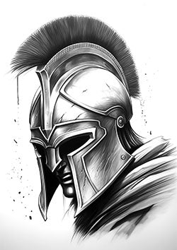 Tattoo template of a Spartan warrior helmet with intense shadows, highlighting determination and strength