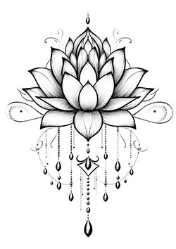 Tattoo template of a lotus flower with mandala patterns and hanging ornaments