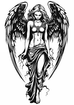 Tattoo template of a serene angelic figure with wings