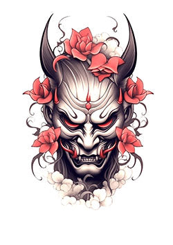 Tattoo template of a Japanese oni mask with lotus flowers