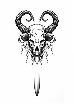 Tattoo template of a skull with horns entwined with a sword, evoking a sense of dark power and menace.