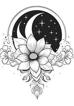 Tattoo template of a detailed flower with a crescent moon and stars in the background.