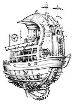 Tattoo template of a steampunk airship with intricate machinery and vintage nautical elements for a striking design