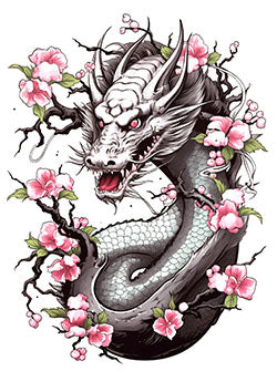 Tattoo template of a dragon with cherry blossoms