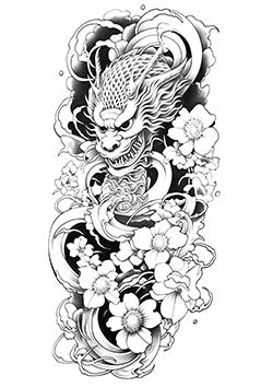 Tattoo template of a dragon entwined with flowers