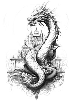 Tattoo template of a dragon coiled around a castle