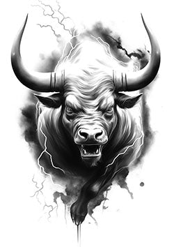 Tattoo template of a fierce bull with lightning