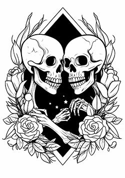 Tattoo template of intertwined skeletal lovers surrounded by roses