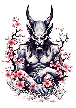 Tattoo template of a Japanese oni demon with cherry blossoms