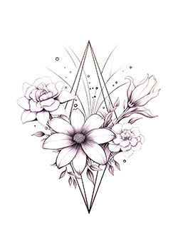 Tattoo template of a geometric pattern with flowers, combining nature and symmetry in delicate ink work