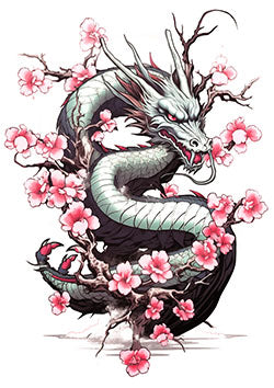 Tattoo template of a dragon with cherry blossoms