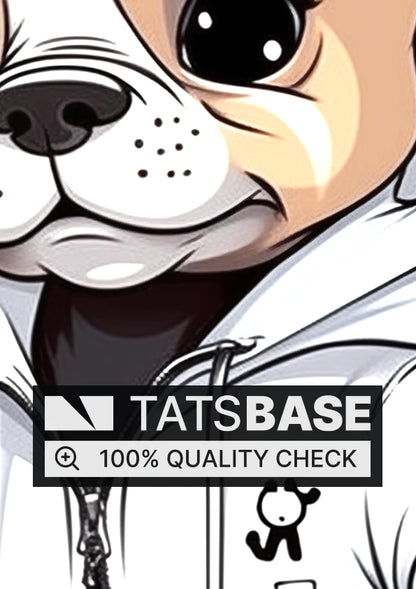 Tattoo template of a cute cartoon bulldog in a white hoodie with expressive eyes