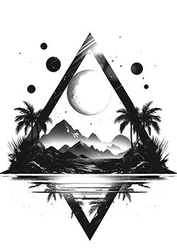 Tattoo template of a geometric diamond-framed tropical scene