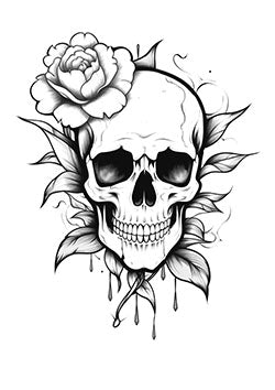 Tattoo template of a skull adorned with a rose and leaves, symbolizing life and death.