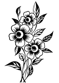 Tattoo template of a trio of black ink flowers with intricate leaves