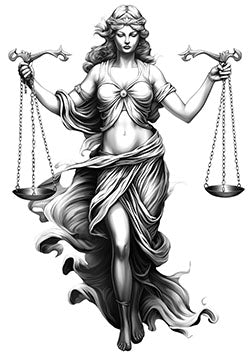 Tattoo template of a Lady Justice holding balanced scales, symbolizing fairness and moral strength.