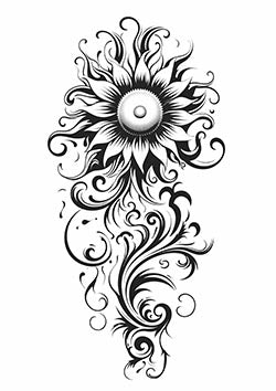 Tattoo template of an ornate sunflower with a centered eye and swirling patterns