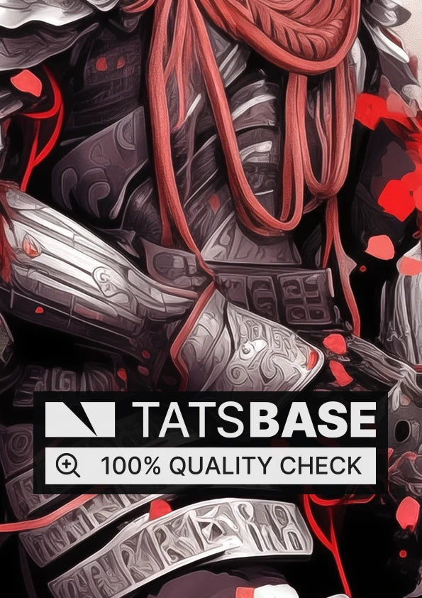 Tattoo template of a samurai with detailed armor and red accents