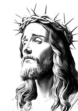 Tattoo template of Christ wearing a crown of thorns in a detailed portrait