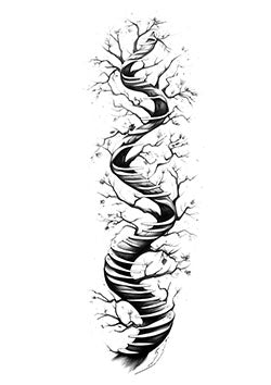 Tattoo template of a DNA double helix entwined with tree branches and leaves