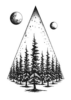 Tattoo template of a moon and pine trees within a triangle