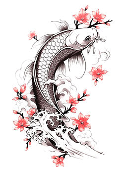 Tattoo template of a koi fish with surrounding flowers.