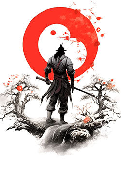 Tattoo template of a samurai with red sun and cherry blossoms