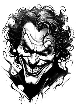 Tattoo template featuring a sinister character with a manic smile and wild hair, exuding chaotic energy.