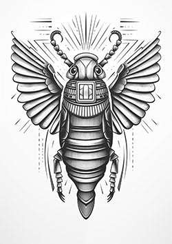 Tattoo template of a majestic beetle with detailed wings spread, symbolizing strength and protection