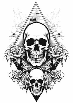 Tattoo template of a skull with roses and triangle design