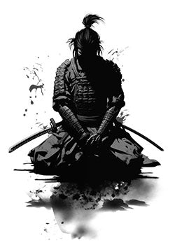 Tattoo template of a monochromatic seated samurai with a sword